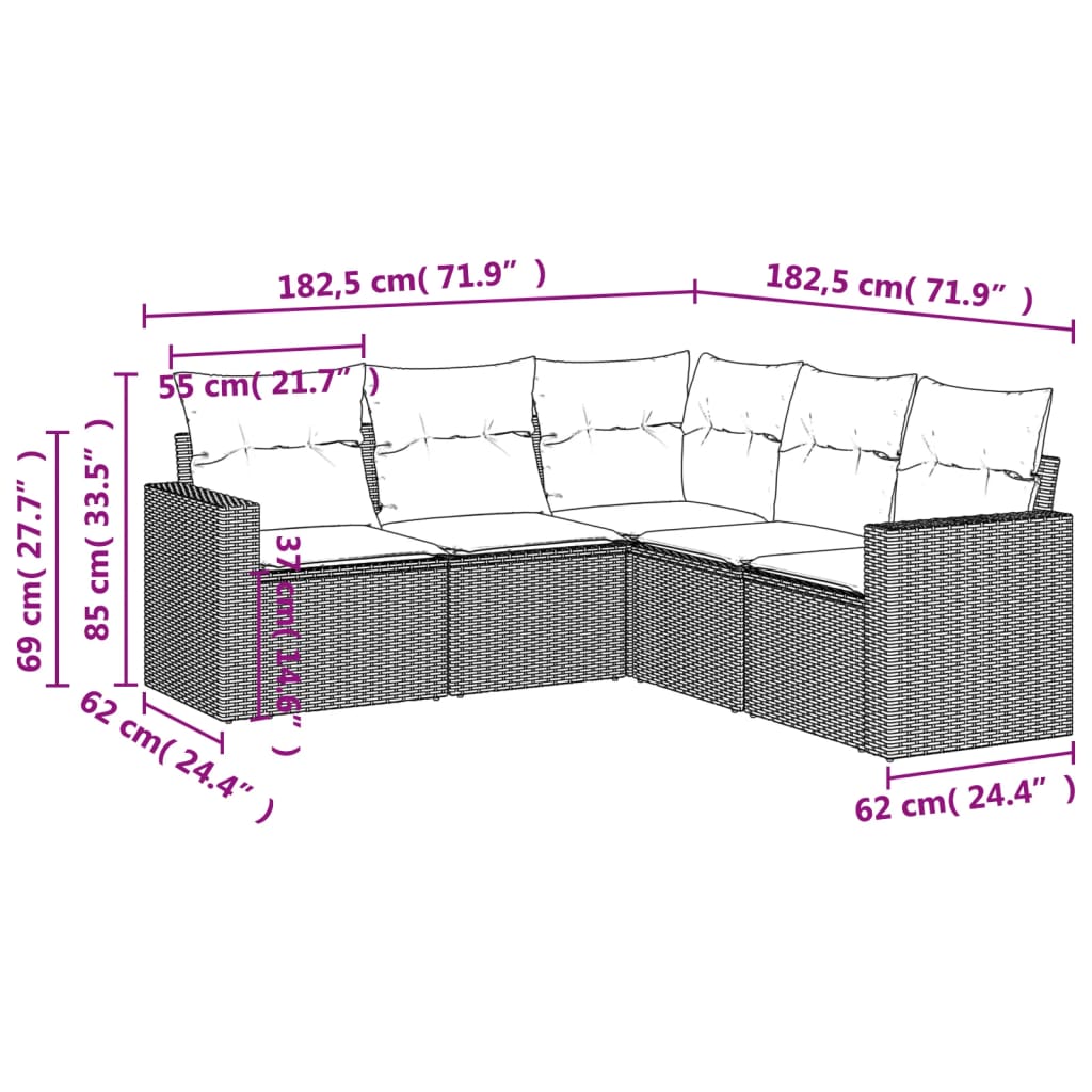 Set Divano da Giardino 5 pz con Cuscini Grigio in Polyrattan - homemem39