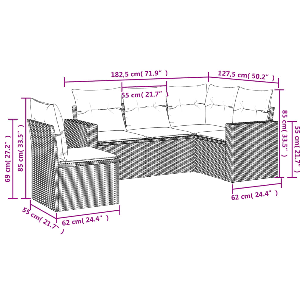 Set Divano da Giardino 5 pz con Cuscini Beige in Polyrattan - homemem39