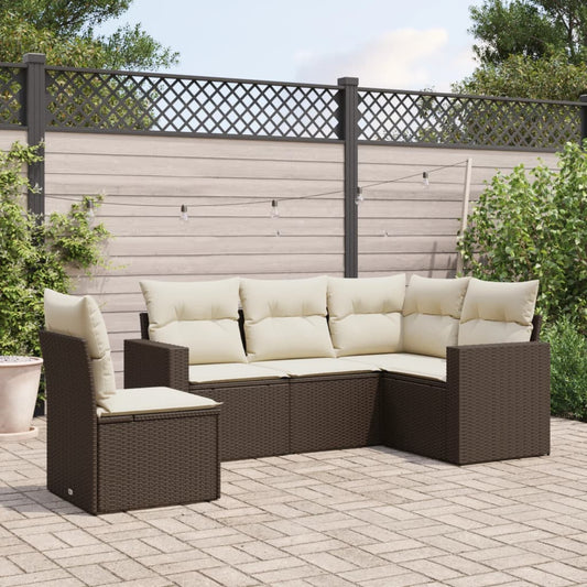 Set Divano da Giardino 5 pz con Cuscini Marrone in Polyrattan - homemem39