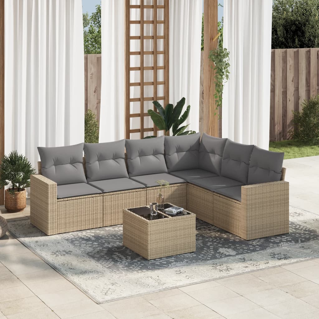 Set Divani da Giardino 7 pz con Cuscini Beige in Polyrattan - homemem39