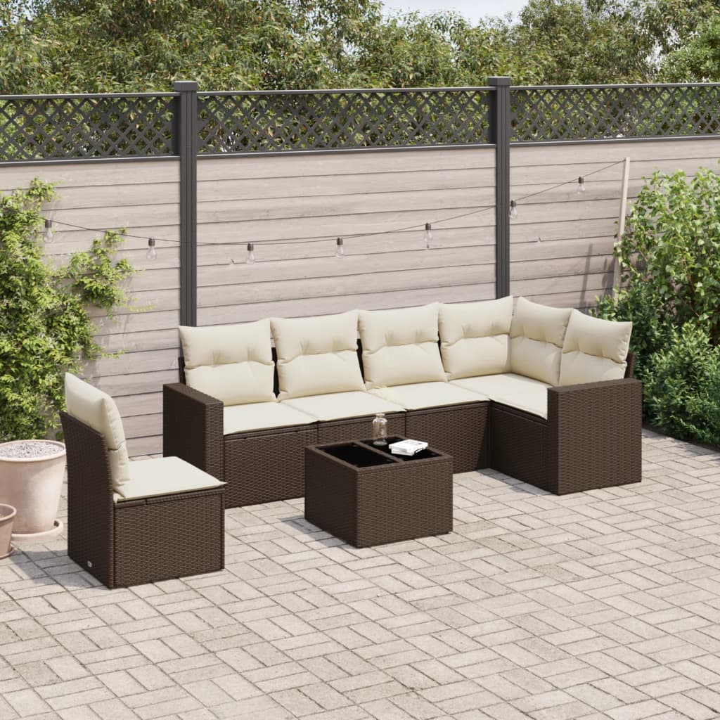 Set Divani da Giardino 7 pz con Cuscini Marrone in Polyrattan