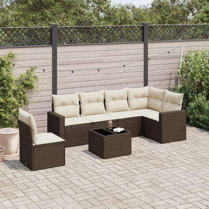 Set Divani da Giardino 7 pz con Cuscini Marrone in Polyrattan