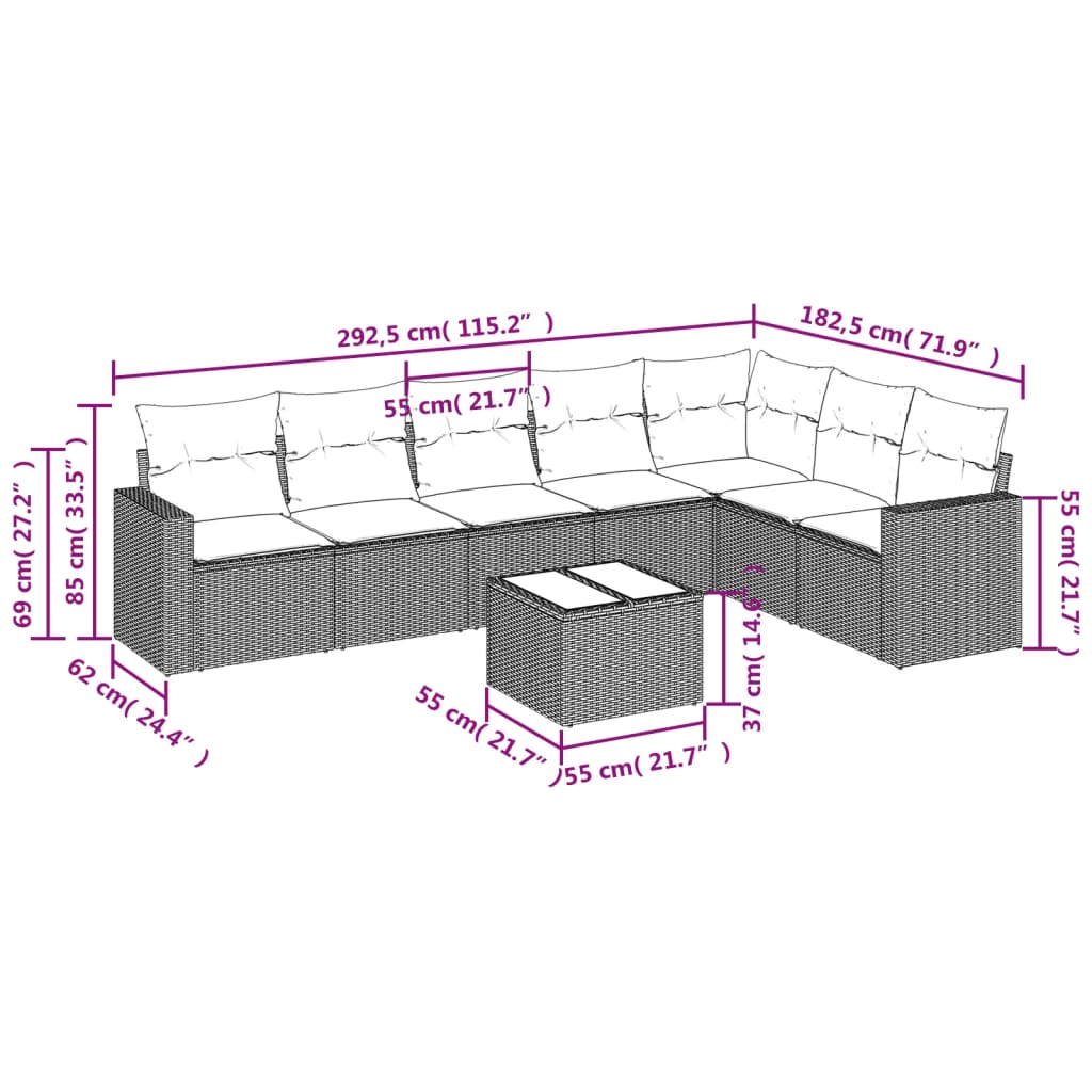 Set Divano da Giardino 8 pz con Cuscini Grigio in Polyrattan - homemem39