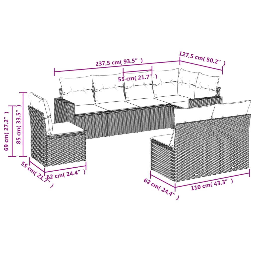 Set Divano da Giardino 8 pz con Cuscini Grigio in Polyrattan - homemem39