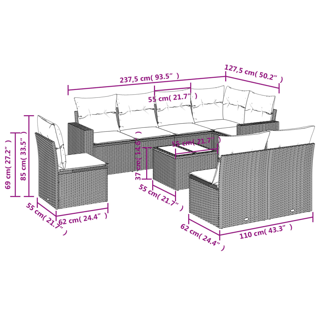 Set Divano da Giardino 9 pz con Cuscini Grigio in Polyrattan - homemem39