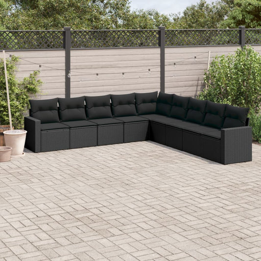 Set Divani da Giardino 9 pz con Cuscini Nero in Polyrattan - homemem39