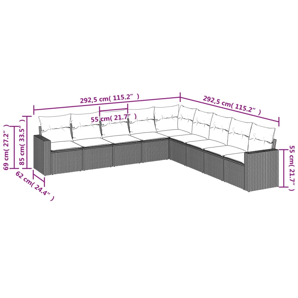 Set Divano da Giardino 9 pz con Cuscini Grigio in Polyrattan - homemem39