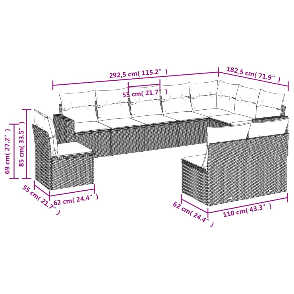 Set Divano da Giardino 10 pz con Cuscini Beige in Polyrattan - homemem39