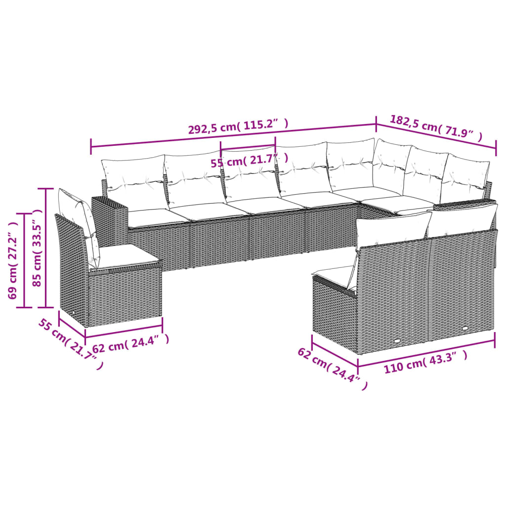 10-teiliges Gartensofa-Set mit braunen Polyrattan-Kissen