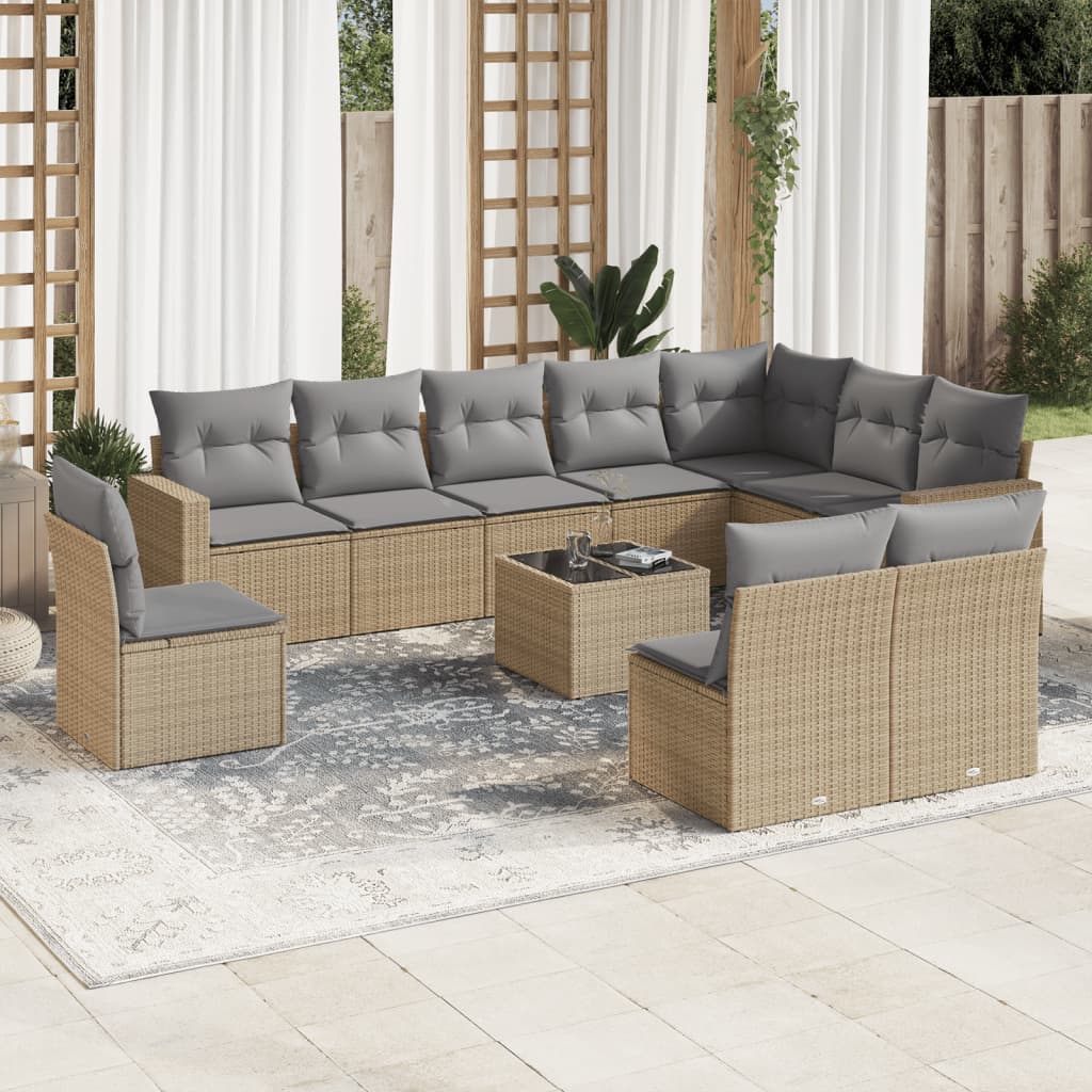 Set Divani da Giardino 11 pz con Cuscini Beige in Polyrattan - homemem39