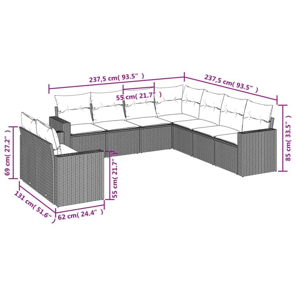 Set Divani da Giardino 9 pz con Cuscini Nero in Polyrattan - homemem39