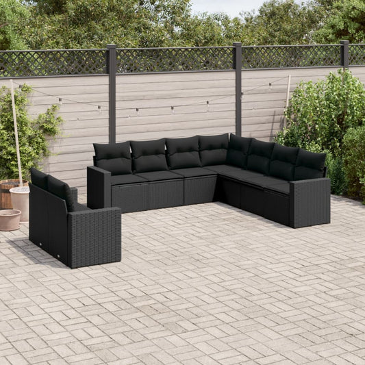 Set Divani da Giardino 9 pz con Cuscini Nero in Polyrattan - homemem39