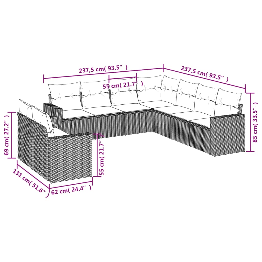 Set Divani da Giardino 9pz con Cuscini Marrone in Polyrattan - homemem39