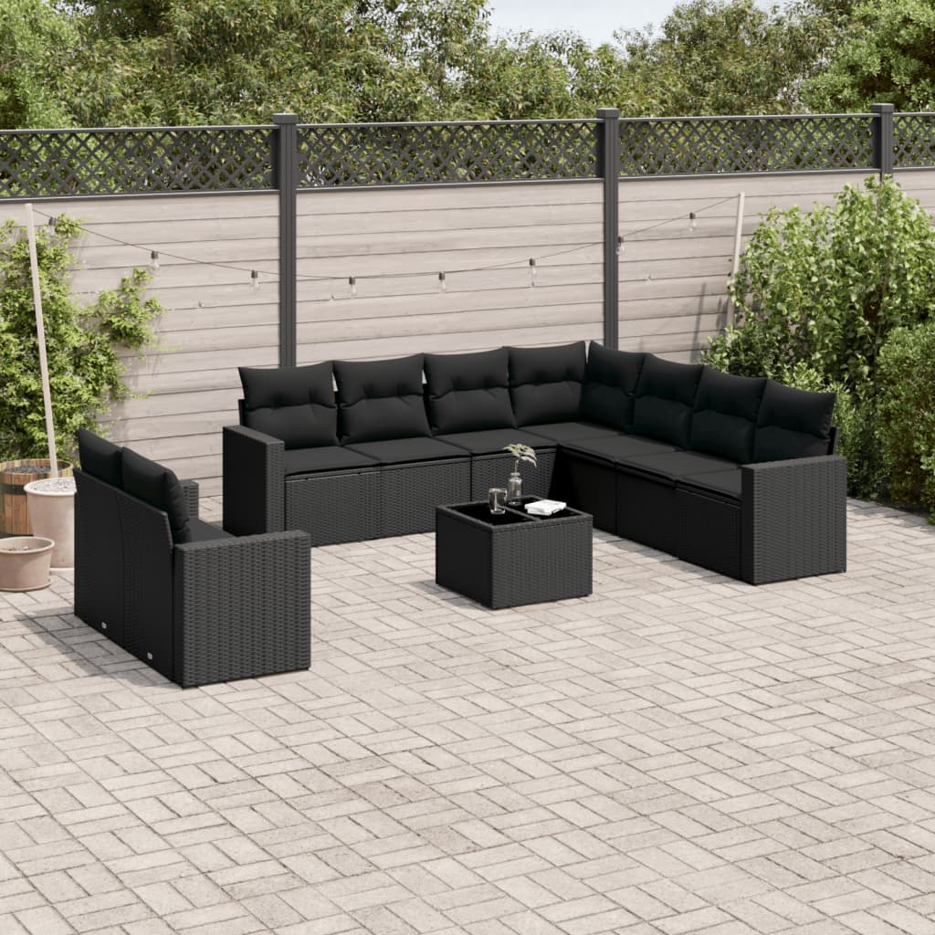 Set Divani da Giardino 10pz con Cuscini in Polyrattan Nero - homemem39