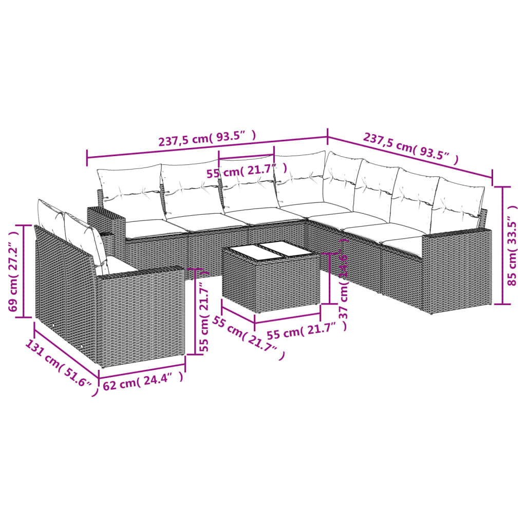 Set Divani da Giardino 10pz con Cuscini in Polyrattan Nero - homemem39