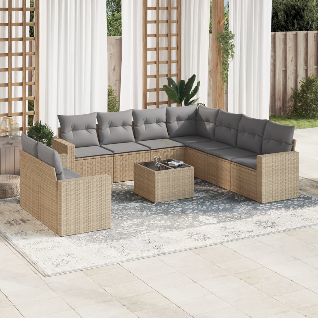 Set Divano da Giardino 10 pz con Cuscini Beige in Polyrattan - homemem39