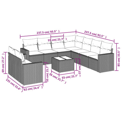 Set Divani da Giardino 10pz con Cuscini in Polyrattan Marrone