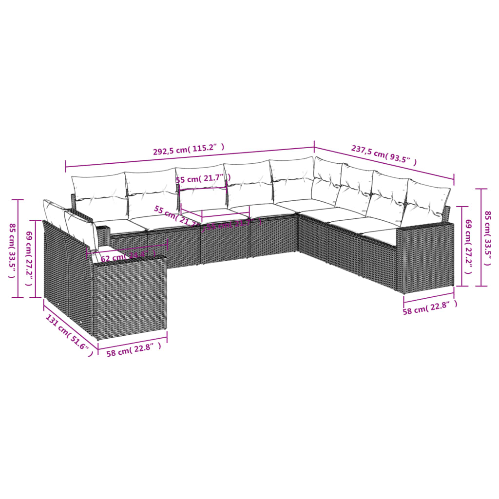 Set Divano da Giardino 10 pz con Cuscini Grigio in Polyrattan - homemem39