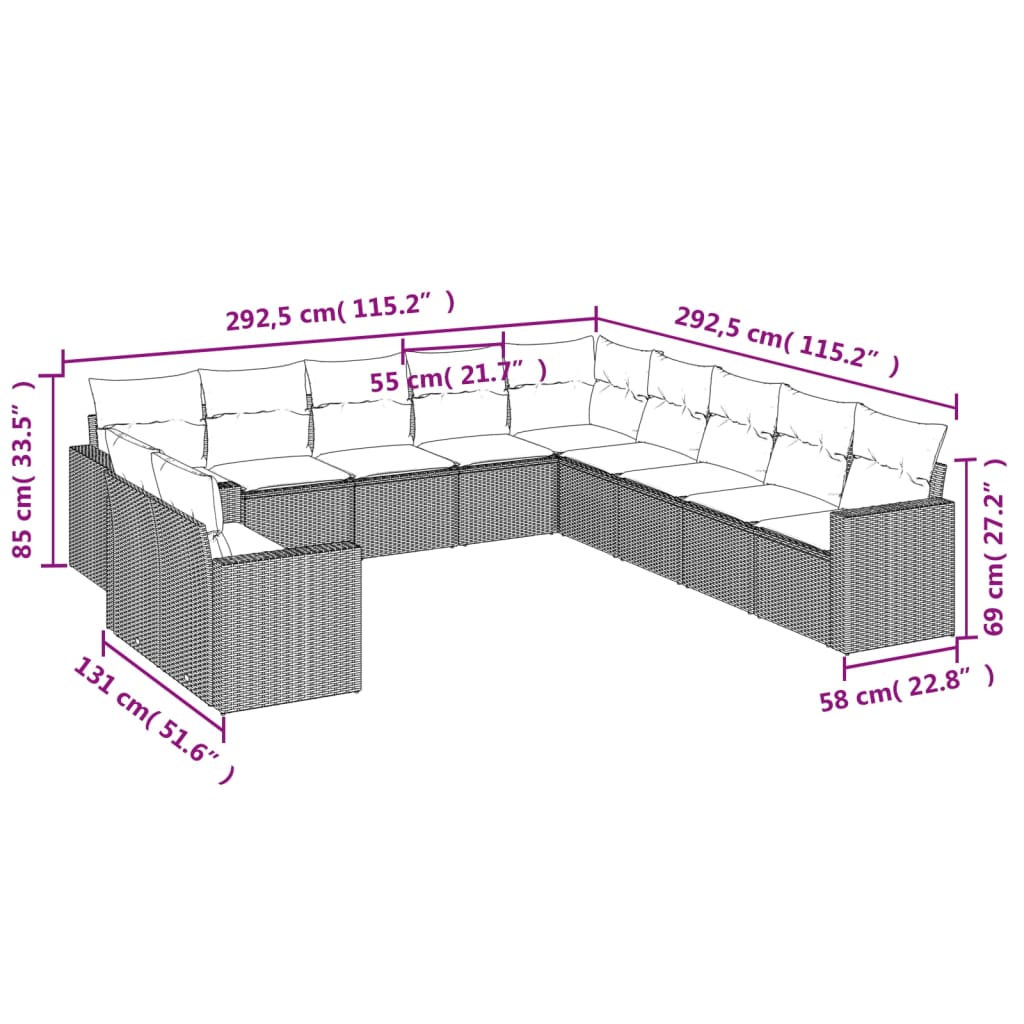 Set Divani da Giardino 11 pz con Cuscini Beige in Polyrattan - homemem39