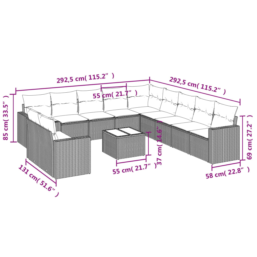 Set Divani da Giardino 12 pz con Cuscini Beige in Polyrattan - homemem39