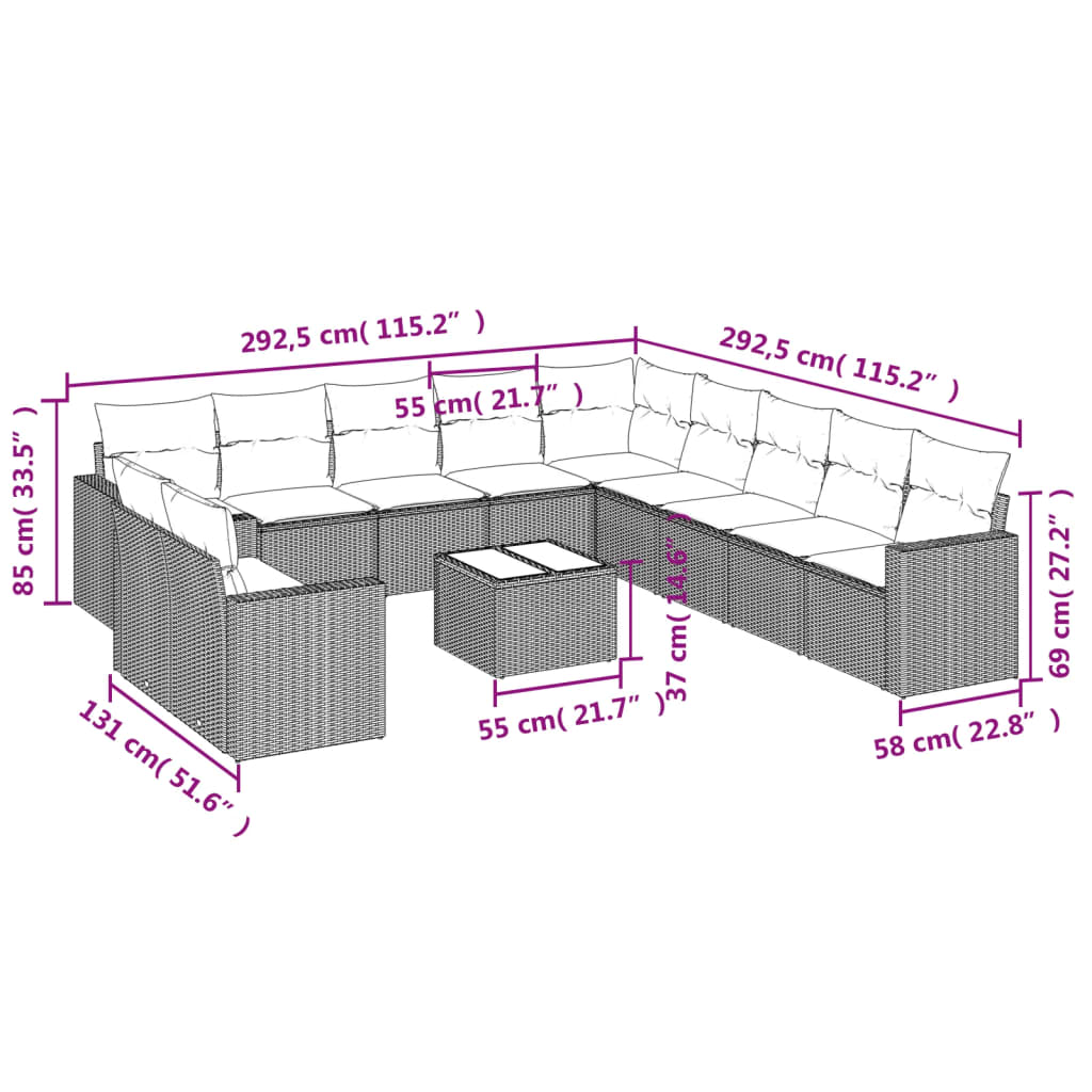 Set Divani da Giardino 12 pz con Cuscini Marrone in Polyrattan - homemem39