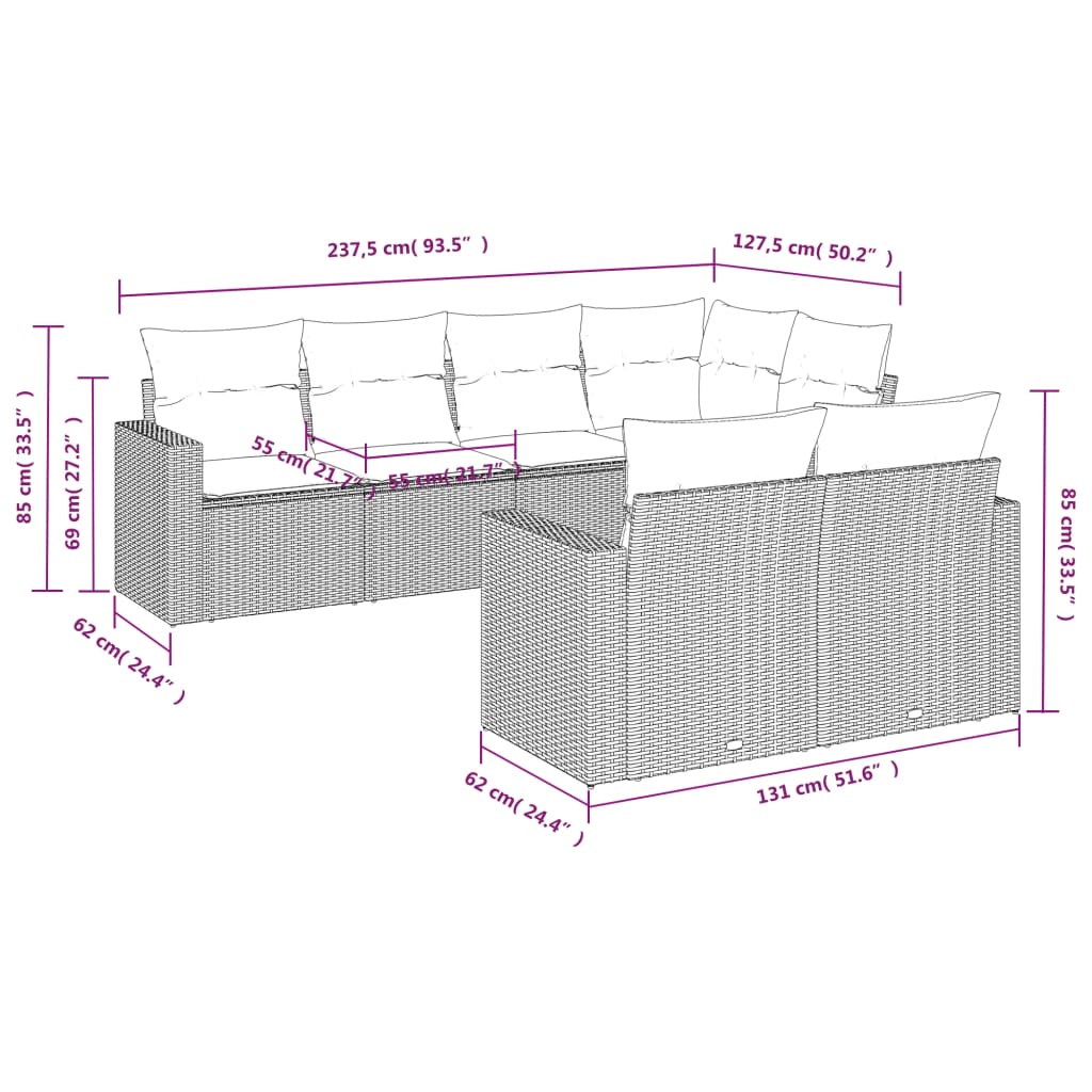 Set Divani da Giardino 7 pz con Cuscini Grigio in Polyrattan - homemem39