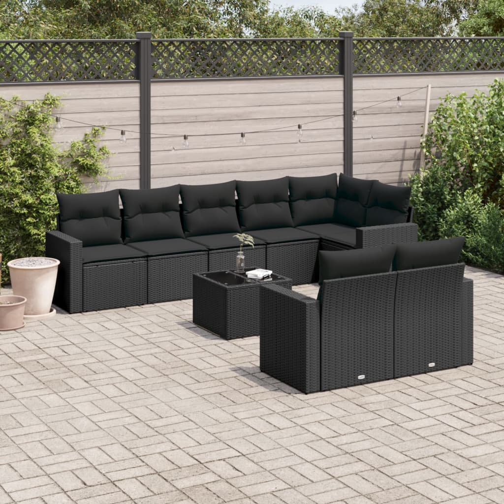 Set Divani da Giardino 9 pz con Cuscini Nero in Polyrattan - homemem39