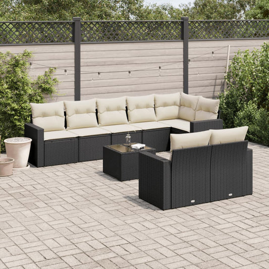 Set Divani da Giardino 9 pz con Cuscini Nero in Polyrattan