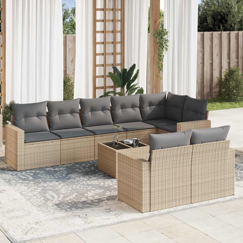 Set Divano da Giardino 9 pz con Cuscini Beige in Polyrattan - homemem39