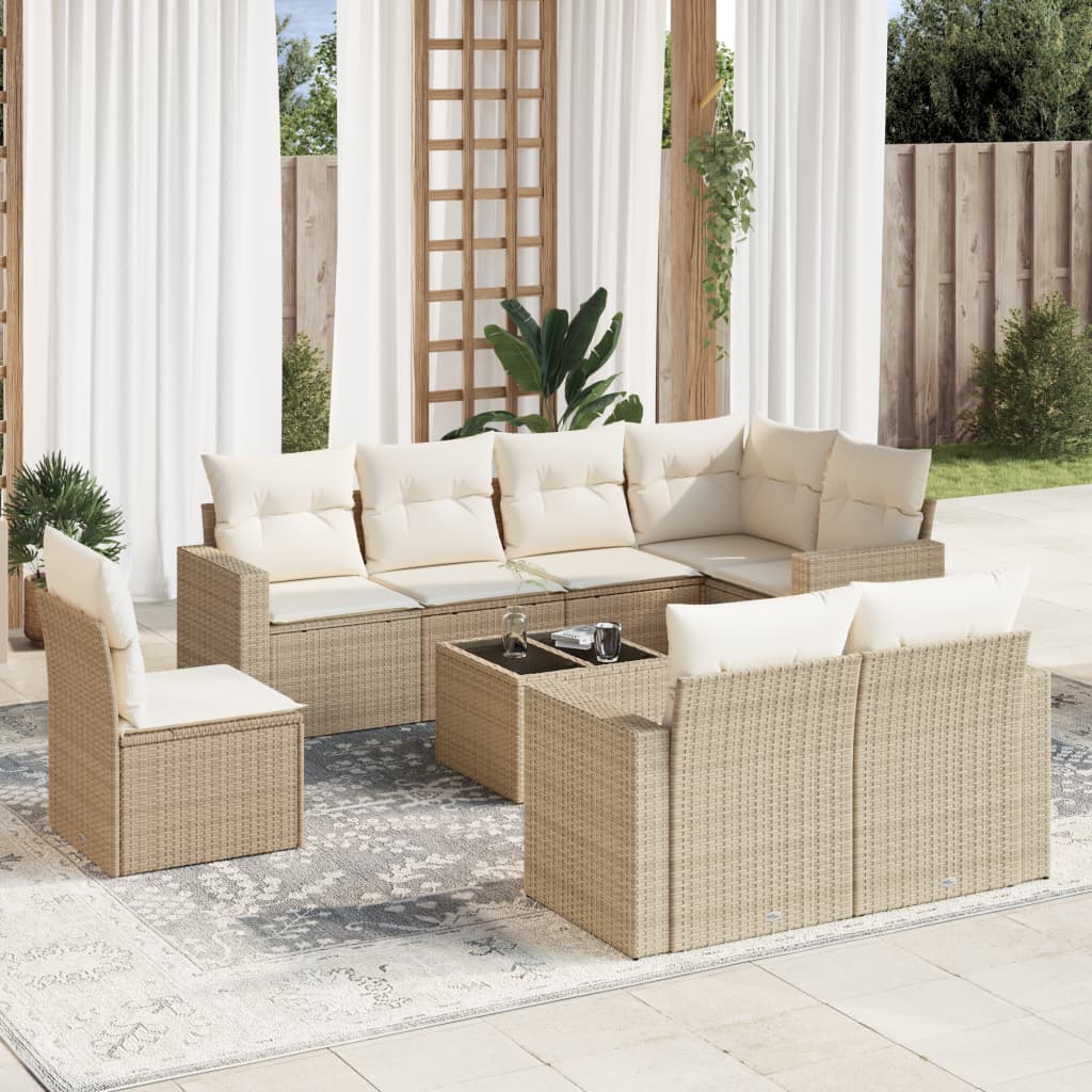 Set Divano da Giardino 9 pz con Cuscini Beige in Polyrattan - homemem39