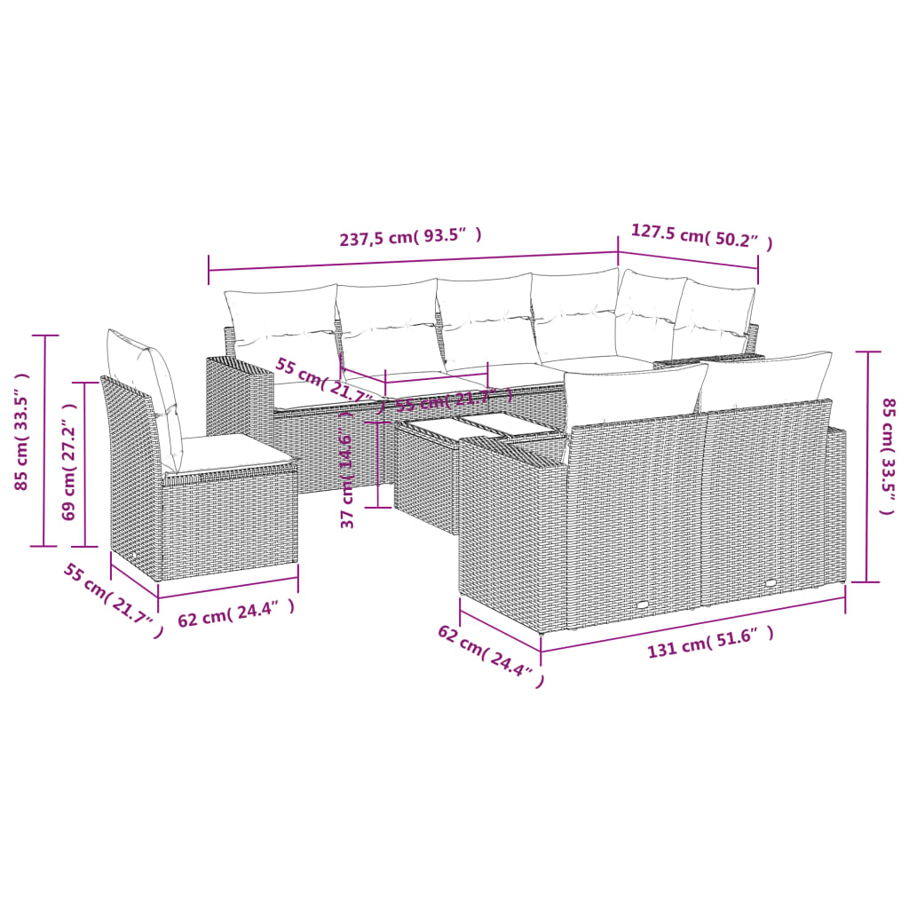 Set Divano da Giardino 9 pz con Cuscini Grigio in Polyrattan - homemem39