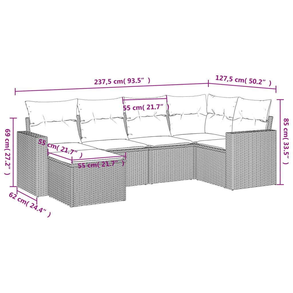 Set Divano da Giardino 6 pz con Cuscini Nero in Polyrattan - homemem39