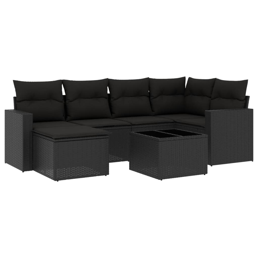 Gartensofa-Set mit Kissen 7-teilig, schwarzes Polyrattan