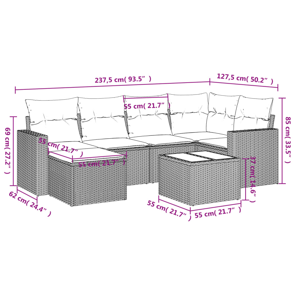 Gartensofa-Set mit Kissen 7-teilig, schwarzes Polyrattan