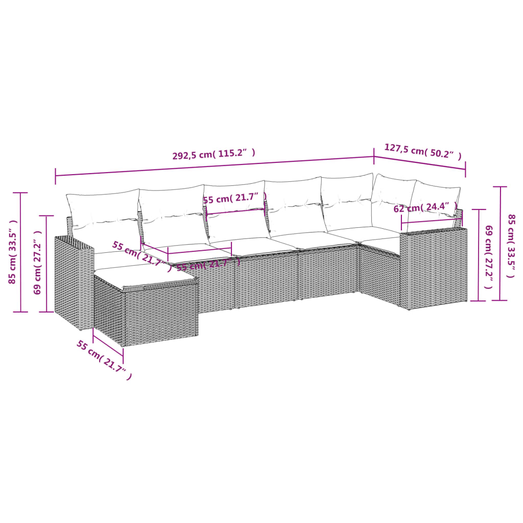 Set Divani da Giardino 7 pz con Cuscini Marrone in Polyrattan - homemem39