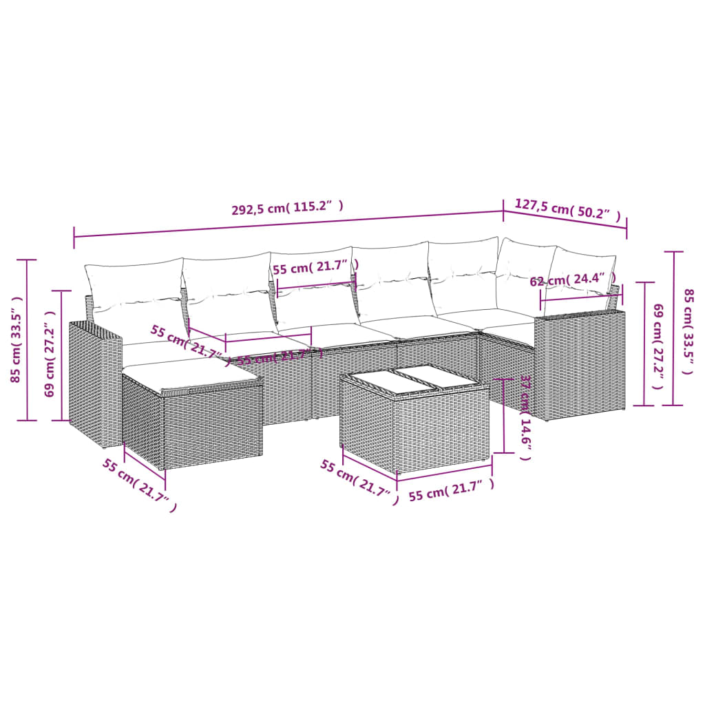 Set Divani da Giardino 8 pz con Cuscini Marrone in Polyrattan - homemem39