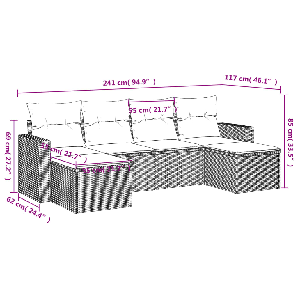 Set Divano da Giardino 6 pz con Cuscini Beige in Polyrattan - homemem39