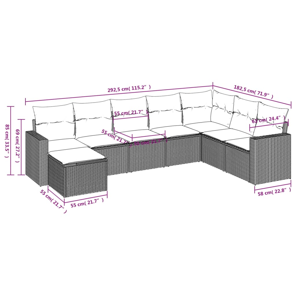 Set Divani da Giardino 8 pz con Cuscini Marrone in Polyrattan - homemem39