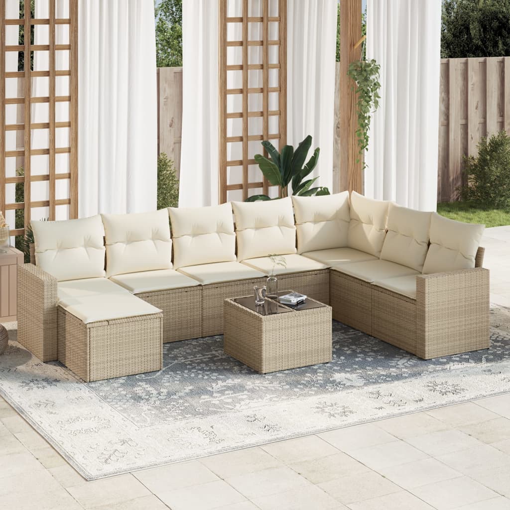 Set Divano da Giardino 9 pz con Cuscini Beige in Polyrattan - homemem39