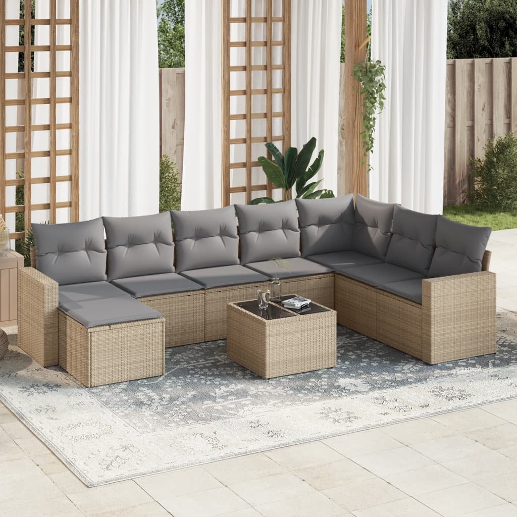 Set Divano da Giardino 9 pz con Cuscini Beige in Polyrattan - homemem39