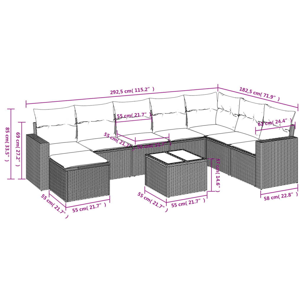 Set Divano da Giardino 9 pz con Cuscini Grigio in Polyrattan - homemem39