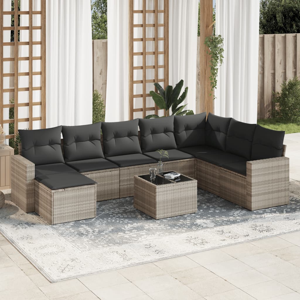 Set Divano da Giardino 9pz con Cuscini Grigio Chiaro Polyrattan - homemem39