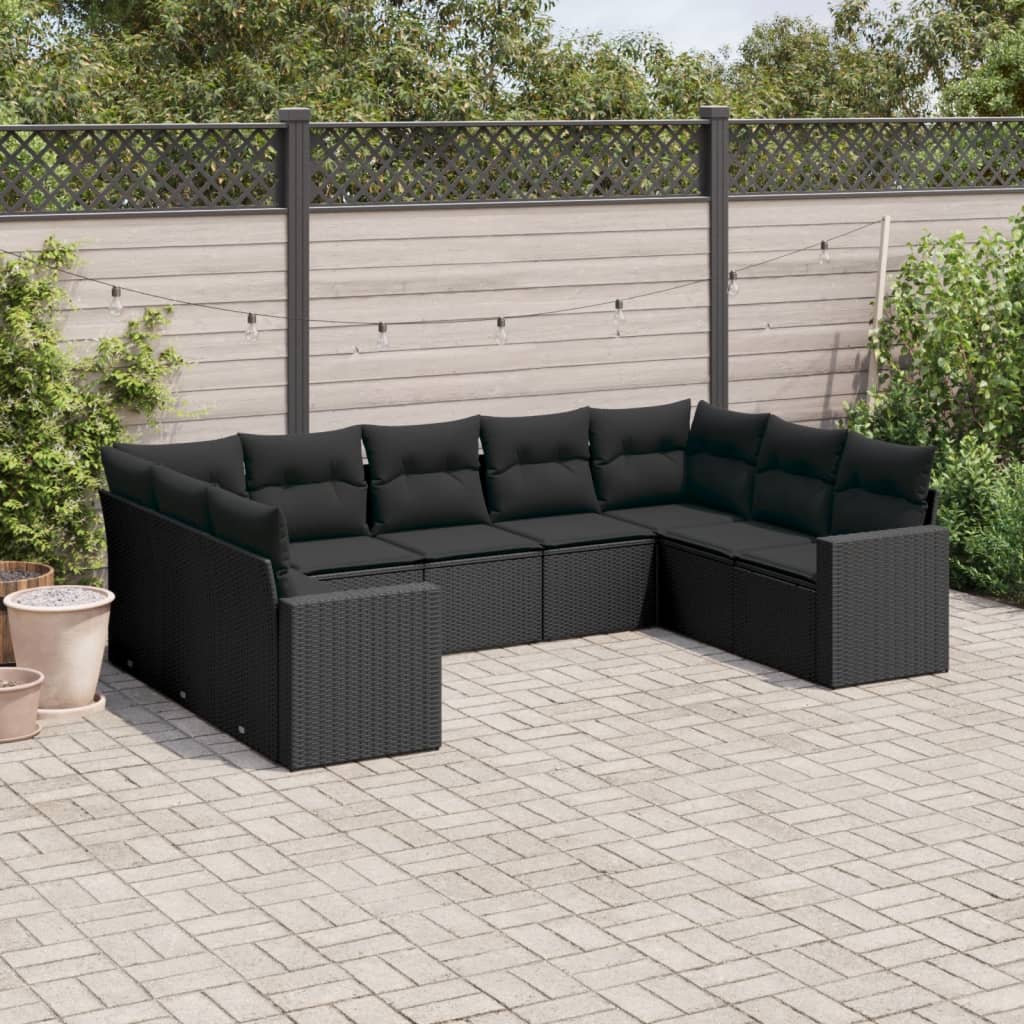 Set Divani da Giardino 9 pz con Cuscini Nero in Polyrattan - homemem39