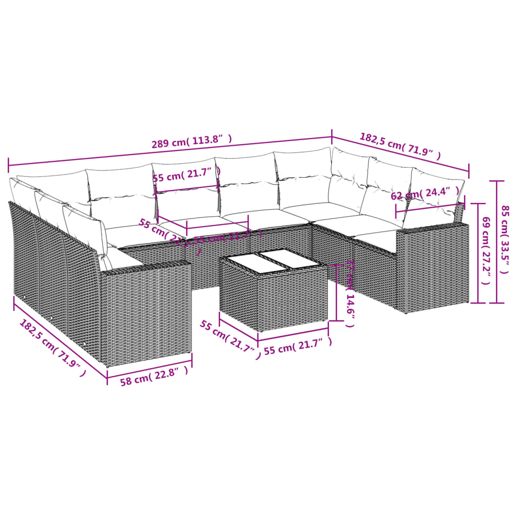 Set Divano da Giardino 10 pz con Cuscini Grigio in Polyrattan - homemem39