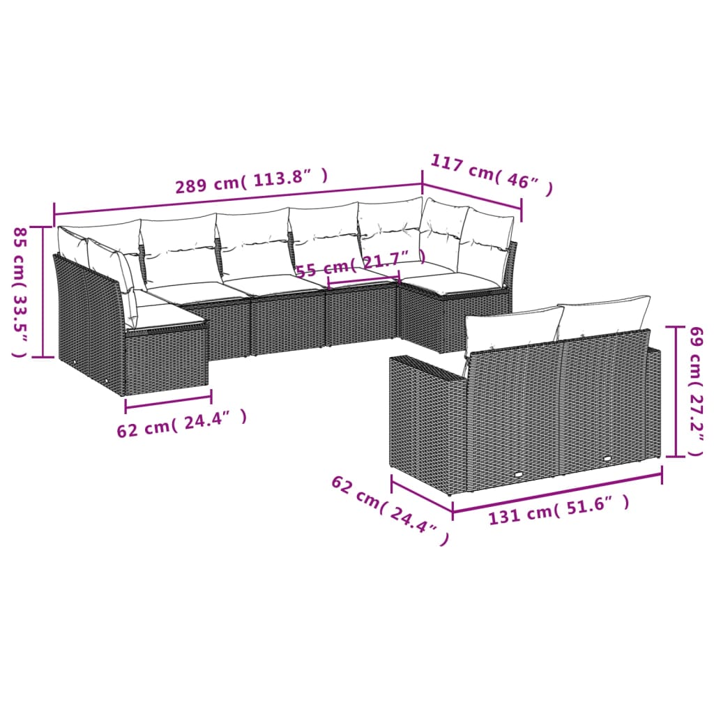 Set Divani da Giardino 9 pz con Cuscini Nero in Polyrattan - homemem39