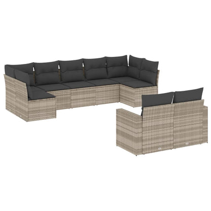 Set Divano da Giardino 9pz con Cuscini Grigio Chiaro Polyrattan