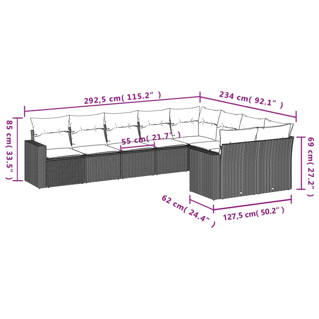 Set Divano da Giardino 9 pz con Cuscini Grigio in Polyrattan - homemem39