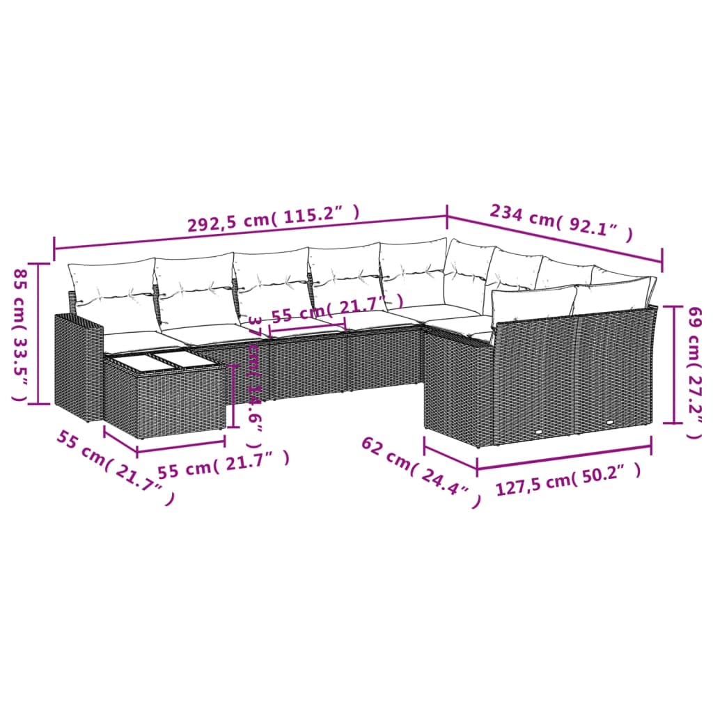 Set Divani da Giardino 10pz con Cuscini in Polyrattan Marrone - homemem39