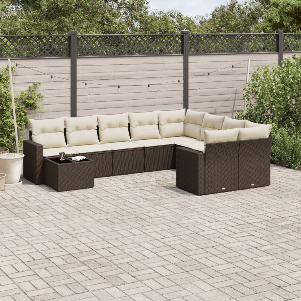 Set Divani da Giardino 10pz con Cuscini in Polyrattan Marrone