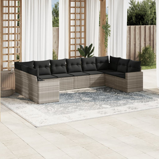 Set Divano Giardino 10 pz con Cuscini Grigio Chiaro Polyrattan